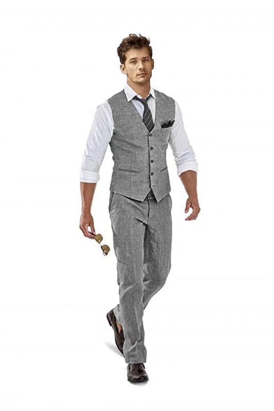 Bulan Linen Suit for Men Grey 2 Piece Slim Fit Groomsmen Suit Waistcoat for Beach Wedding Formal Vest Pant Set for Men gr-L/4236