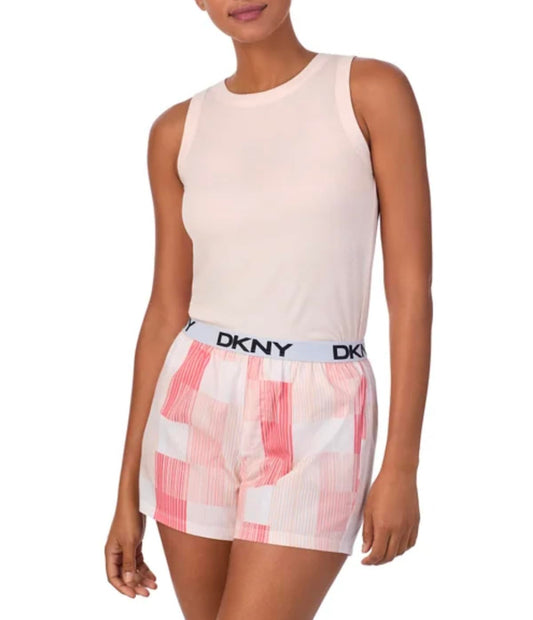 DKNY Women's 2 Piece Outfit Clothing Set - Tank Top & Short (Pearl Cream Pink Plaid Stripe Print, X-Large)