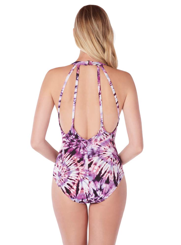 Magicsuit Women's Good Vibes Trudy V-Neck One Piece Swimsuit with Soft Cup Bra and Halter Straps, Purple, 14