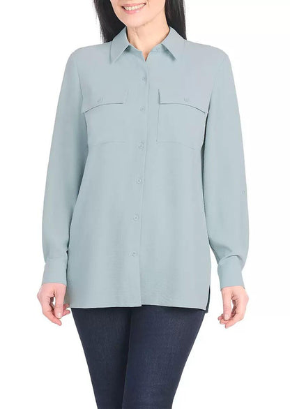 Hilary Radley Women's Roll Tab Sleeve Blouse, Button Down, Long Sleeve, Crinkle Top with Chest Pockets (US, Alpha, XX-Large, Regular, Regular, Light Blue)
