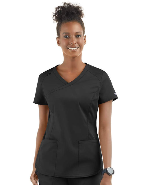 Cherokee Workwear Professionals Women Scrubs Top Mock Wrap WW901, L, Black