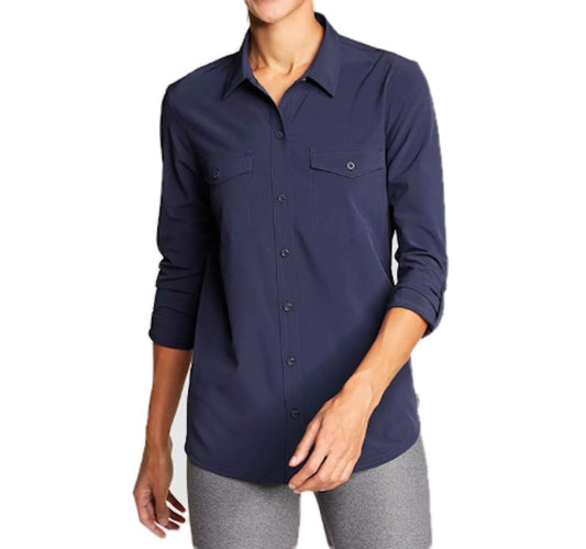 Eddie Bauer Women's Departure Stretch Long Sleeve Shirt with UPF 50 Large, Blue