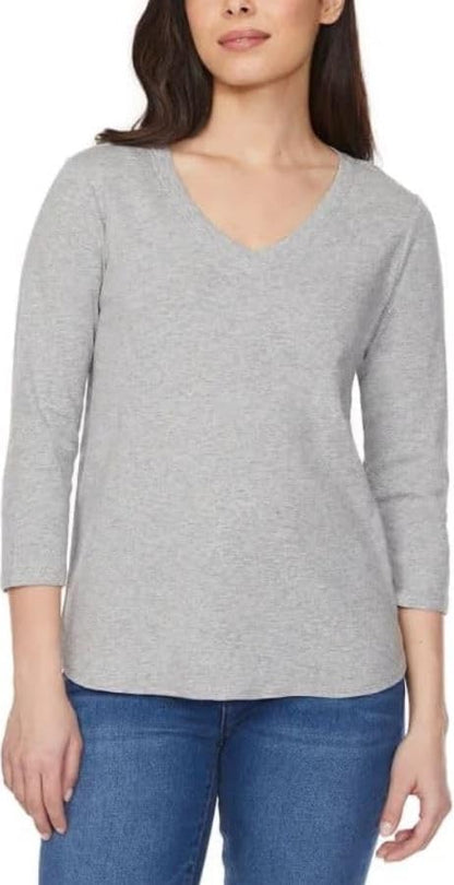 KIRKLAND Signature Women's 3/4 Sleeve V- Neck Cotton Slub Tee (Gray, X-Large)