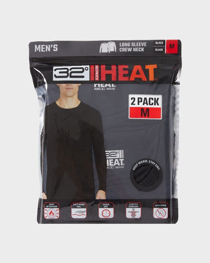 32 Degrees Men's 2-Pack Performance Lightweight Thermal Baselayer Crewneck Top, Black/Black, Small