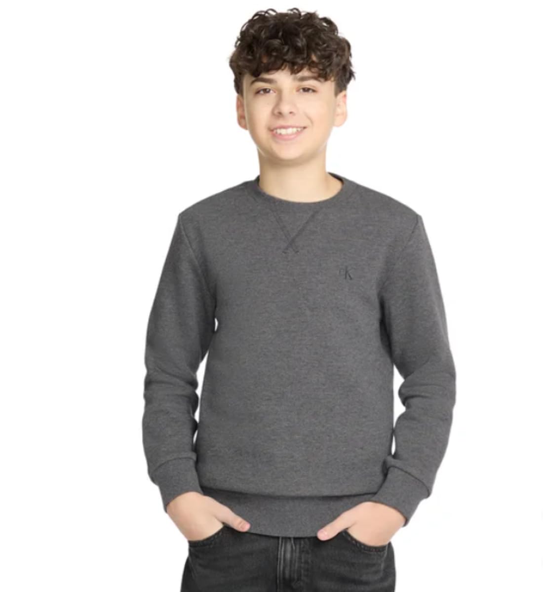 Calvin Klein Boys' Long Sleeve Logo Design French Terry Crewneck Tee (US, Alpha, Large, Regular, Grey)