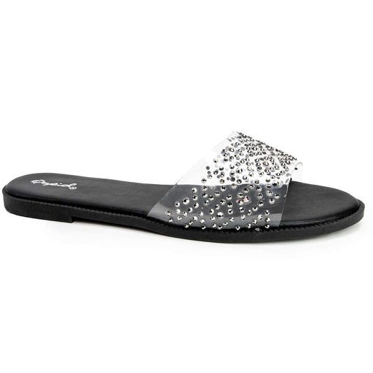 Qupid Desmond Slides for Women - Clear & Black One Band Rhinestone Sandals - 7