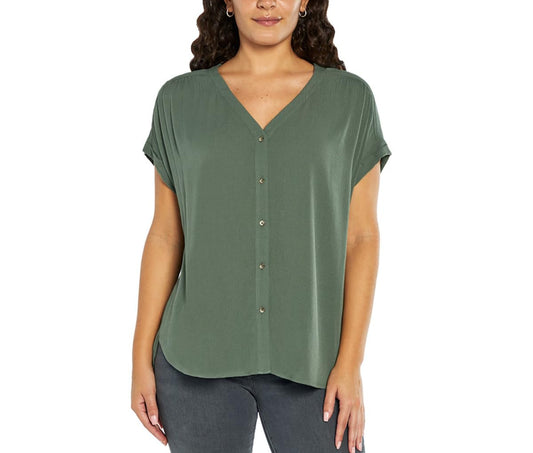 Orvis Women's Short Sleeve Button Front Blouse Shirt (Medium, Regular, Green)
