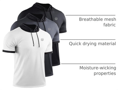 NELEUS Men's Running Shirt Workout Athletic Shirts with Hoodie Pack of 3,5112,Black/Grey/White,Large