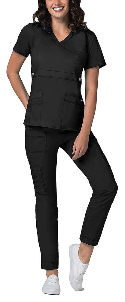 Adar Active Classic Scrub Set For Women - Crossover Top and Multi Pocket Pants - 3500 - Black - XXS