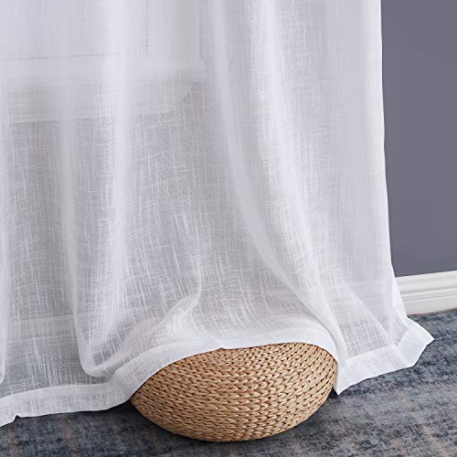 HLC.ME Abbey Faux Linen Textured Semi Sheer Privacy Sun Light Filtering Transparent Window Grommet Long Thick Curtains Drapery Panels for Bedroom & Living Room, 2 Panels (54 W x 108 L, White)