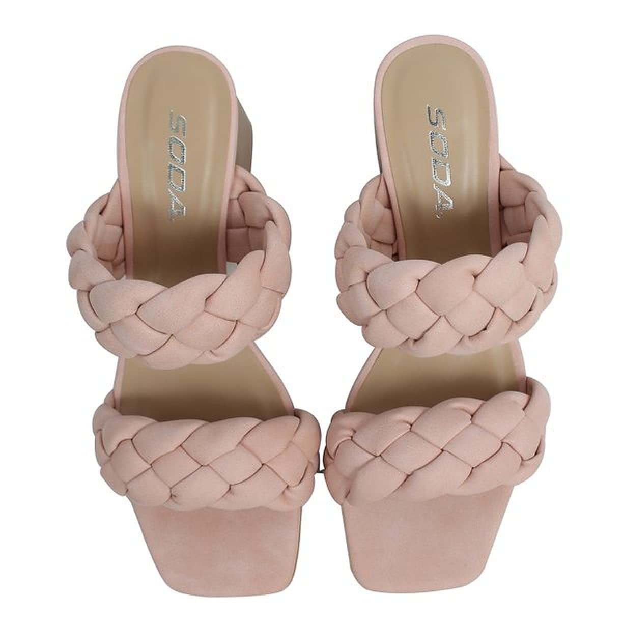 SODA BUGGY ~ Women Double Braided Straps Casual Open Square Toe Fashion Slide Block Heel Sandal Pink NB 5.5