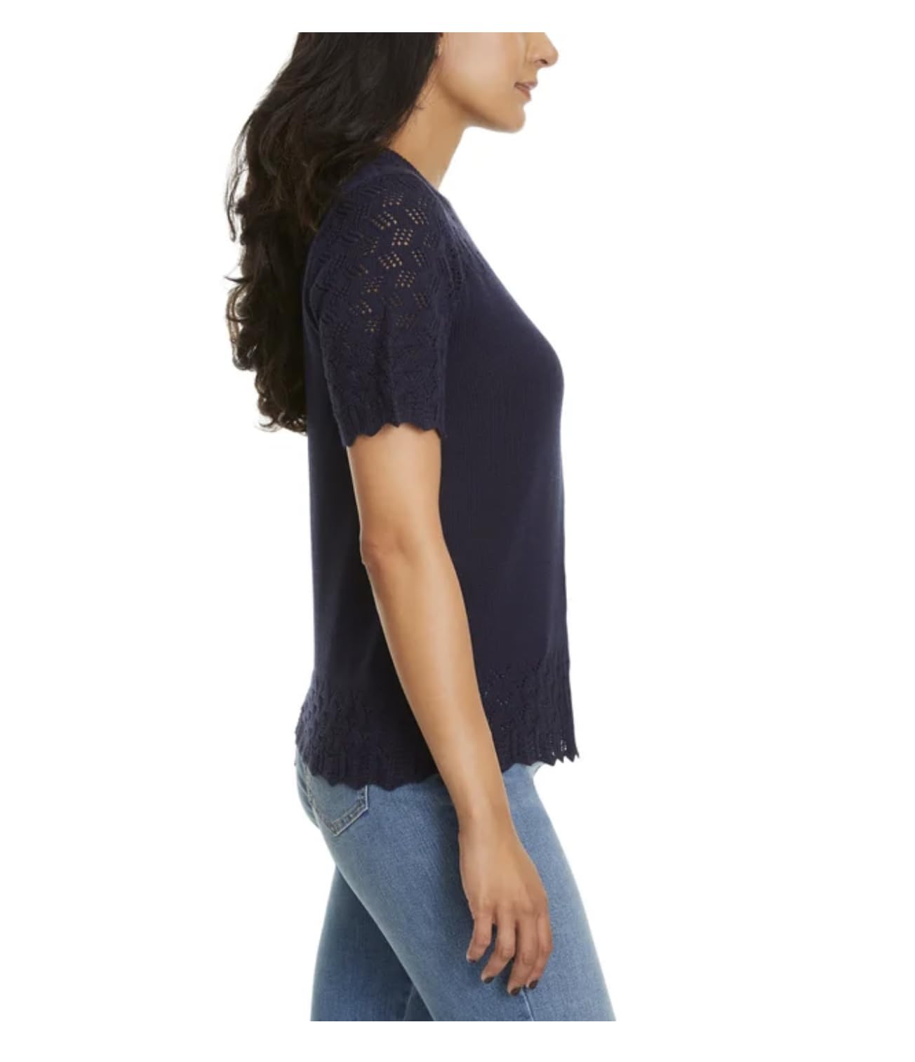 Jessica Simpson Women's Short Sleeve Pointelle Sweater Top (US, Alpha, Medium, Regular, Regular, Navy (Blue))