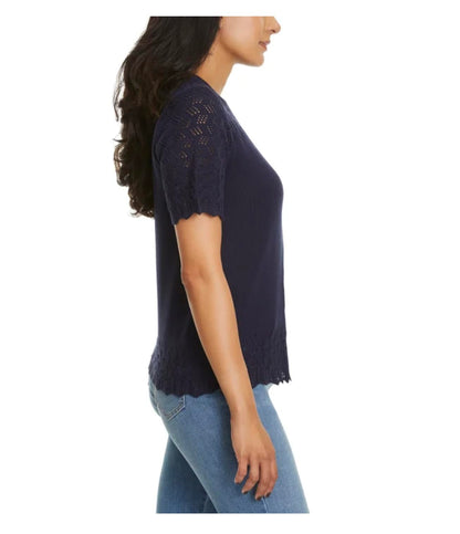 Jessica Simpson Women's Short Sleeve Pointelle Sweater Top (US, Alpha, Medium, Regular, Regular, Navy (Blue))