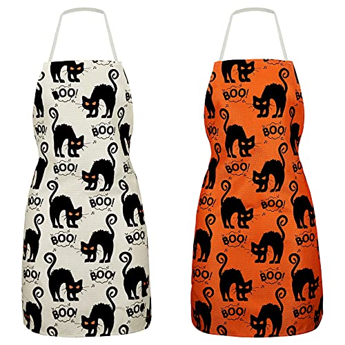 Geyoga 2 Pieces Halloween Apron Halloween Cat Apron Adjustable Cat Pattern Apron Halloween Buffalo Apron for Kitchen Cooking Chef Grill Baking 2 Styles