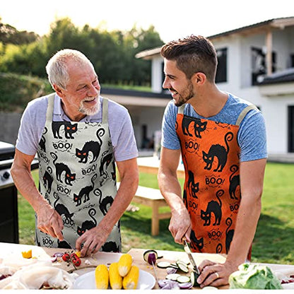 Geyoga 2 Pieces Halloween Apron Halloween Cat Apron Adjustable Cat Pattern Apron Halloween Buffalo Apron for Kitchen Cooking Chef Grill Baking 2 Styles