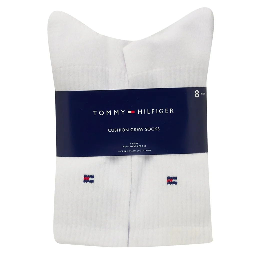 Tommy Hilfiger Mens Crew Socks - 8 Pack Cotton Blend Cushioned Athletic Socks for Men (White)