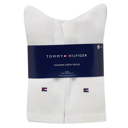 Tommy Hilfiger Mens Crew Socks - 8 Pack Cotton Blend Cushioned Athletic Socks for Men (White)