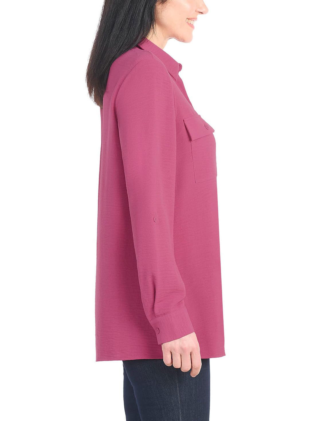 Hilary Radley Women's Roll Tab Sleeve Blouse, Button Down, Long Sleeve, Crinkle Top with Chest Pockets (US, Alpha, Small, Regular, Regular, Dark Pink)