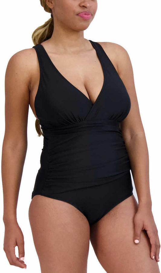 Eddie Bauer Womens Midweight Ruched Shaping One Piece Swimsuit (Small, Black)
