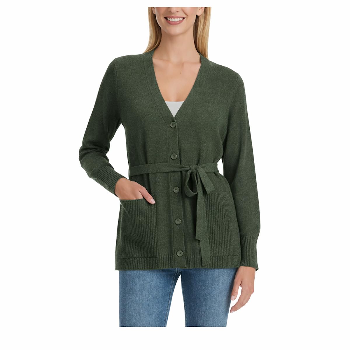 Splendid Women's Belted Button Front Long Sleeve Cardigan with Pockets (US, Alpha, Large, Regular, Regular, Green)