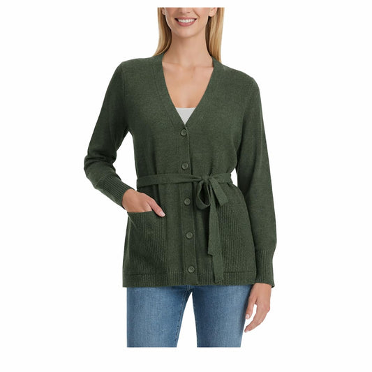 Splendid Women's Belted Button Front Long Sleeve Cardigan with Pockets (US, Alpha, Large, Regular, Regular, Green)