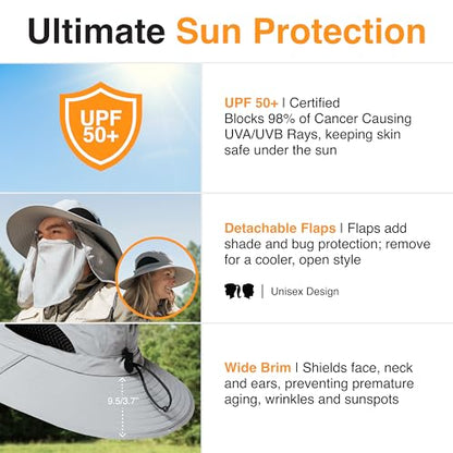 GearTOP Wide Brim Sun Hat Neck Flap, UPF 50+ Boonie Fishing Hat Men & Women