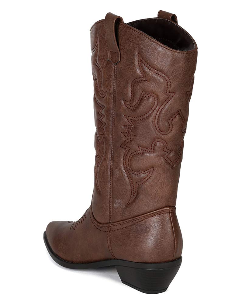Soda Women's Reno Western Cowboy Pointed Toe Knee High Pull On Tabs Boots, TPS Reno-S Dark Tan Size 5.5