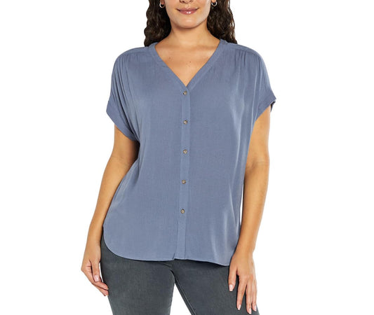 Orvis Women's Short Sleeve Button Front Blouse Shirt ( X-Large, Regular, Blue)