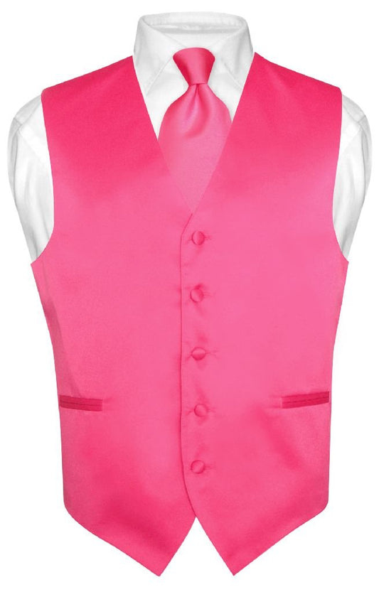 Men's Dress Vest & NeckTie Solid HOT PINK FUCHSIA Color Neck Tie Set sz sz XS