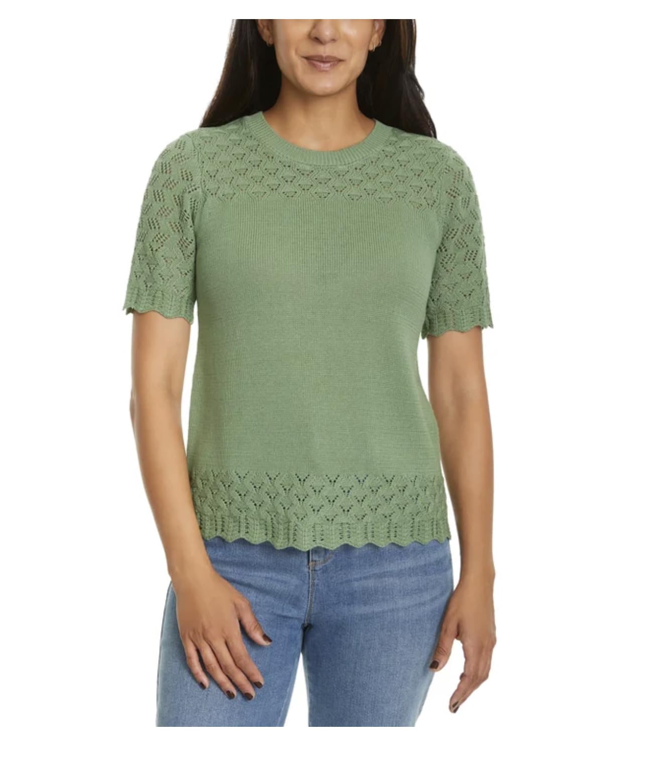 Jessica Simpson Women's Short Sleeve Pointelle Sweater Top (US, Alpha, Large, Regular, Regular, Green)
