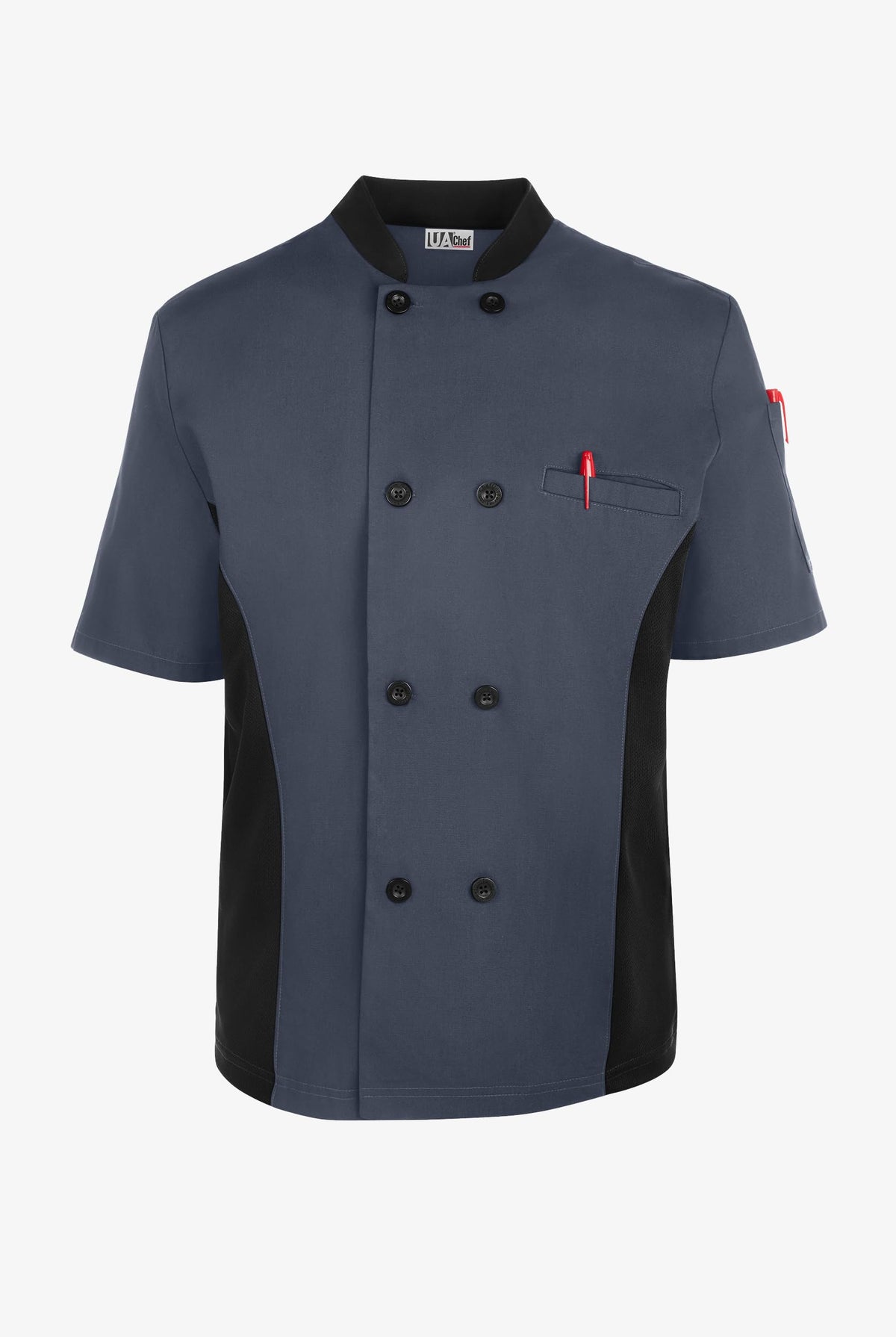 Mens Short Sleeve Chef Coat Mesh Side Panels (Small, Granite/Black)