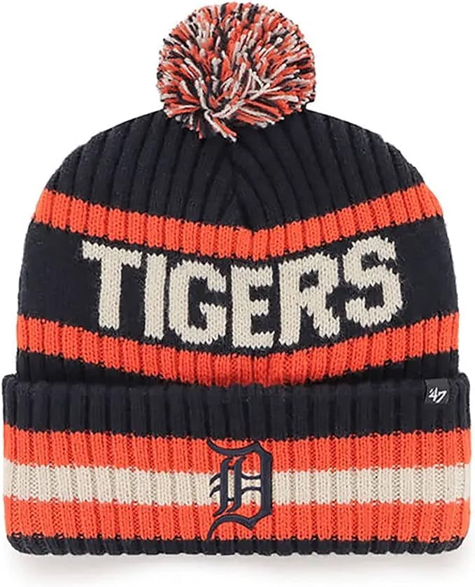 47 Detroit Tigers Beanie Mens Womens Cuffed Pom Knit Winter Hat, Stretch Fit, Navy Blue, One Size