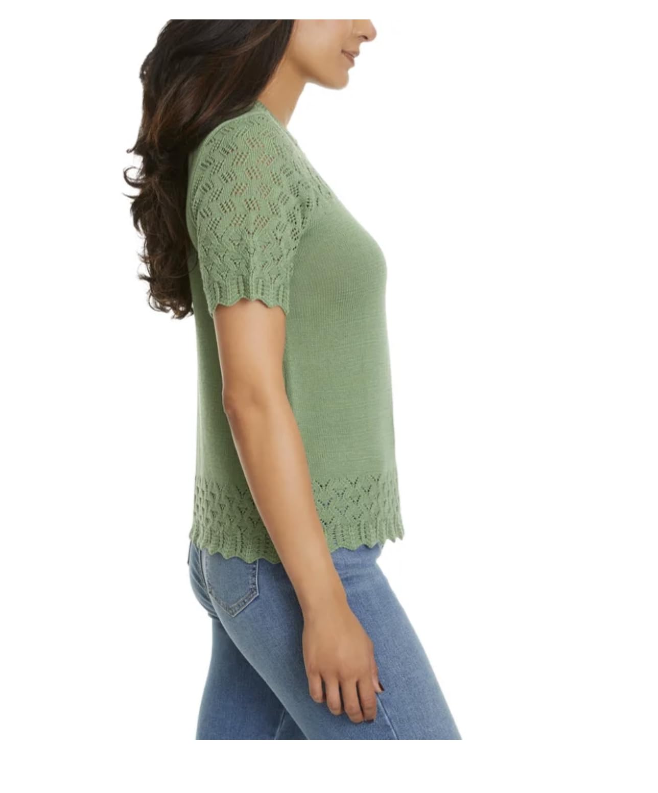 Jessica Simpson Women's Short Sleeve Pointelle Sweater Top (US, Alpha, Medium, Regular, Regular, Green)
