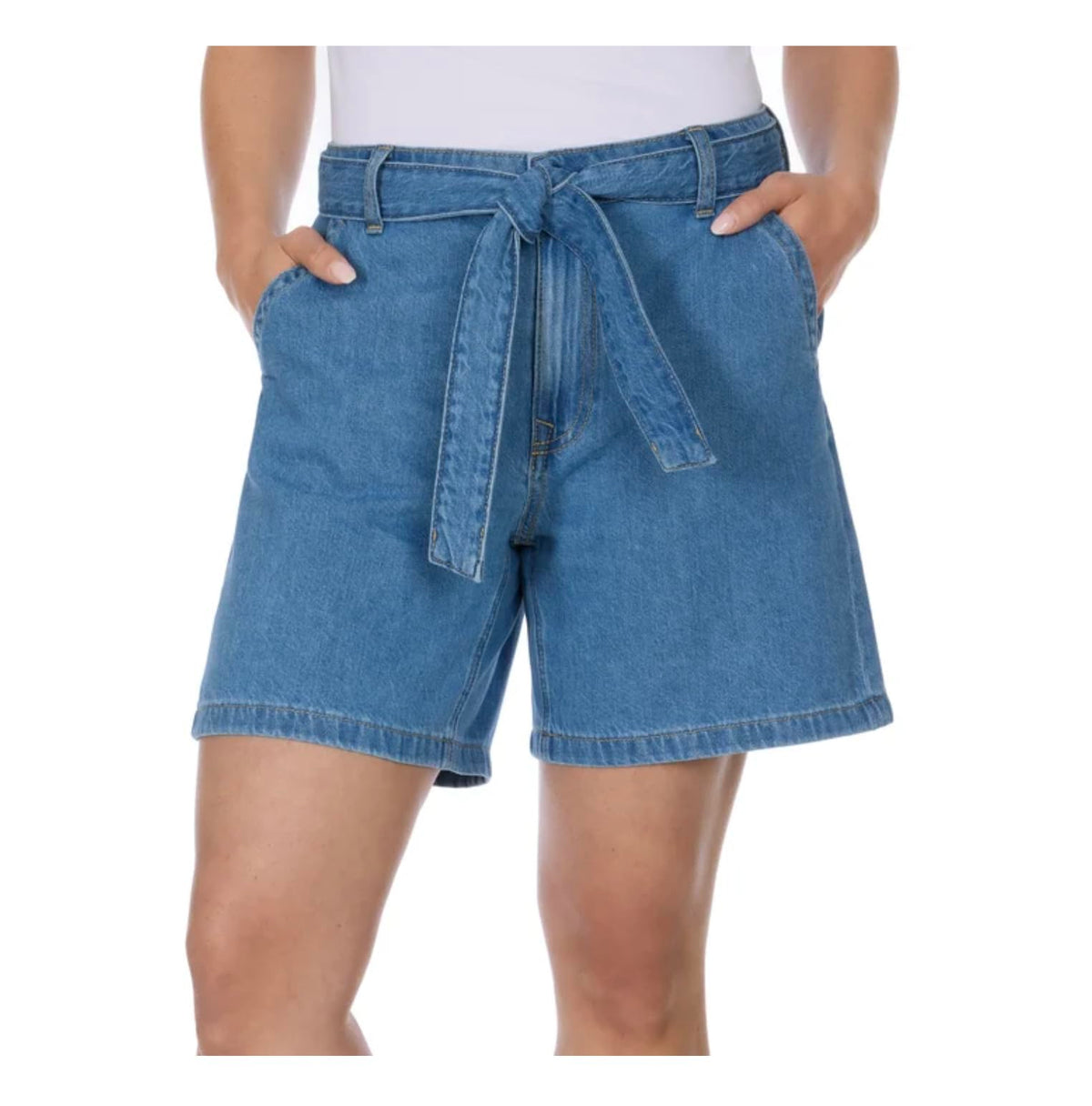 Tommy Hilfiger Women's Cotton High Rise Belted Denim Short (US, Numeric, 4, Regular, Regular, Medium Wash)