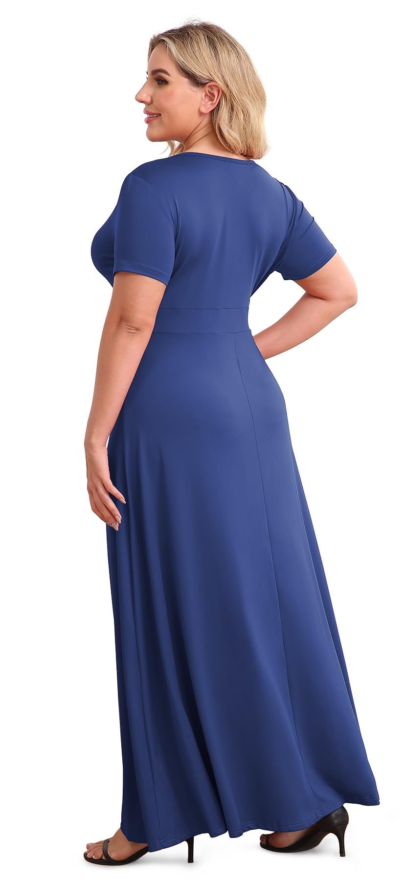 POSESHE Women's Solid V-Neck Short Sleeve Plus Size Evening Party Maxi Dress Black XX-Large
