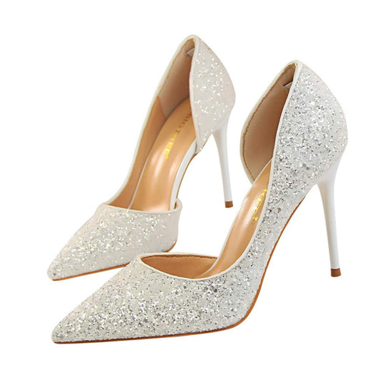 BIGTREE Fashion Sexy Nightclub Thin Women's Shoes Thin Heels high Heels Shallow Mouth Pointed Side Hollow Sequins Shoes Pumps (White, Numeric_5_Point_5)