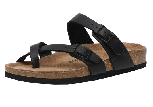 CUSHIONAIRE Women's Luna Cork Footbed Sandal With +Comfort, Black Oily, 5