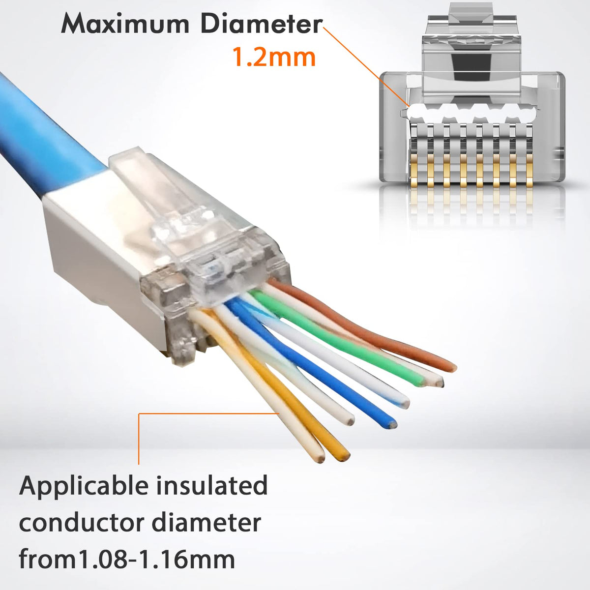 JODROAD Shielded RJ45 Cat6 Cat 6A Connectors - Pass Through Connector Gold Plated 3 Prong 8P8C Modular Plugs for FTP/STP Stranded Ethernet Cable & Solid Wire - 50 Pcs/Jar