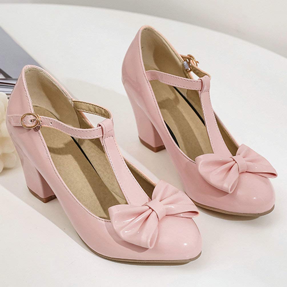 Bellirala Womens T-Strap Mary Jane Block Heel Pumps Rockabilly Lolita Cosplay Shoes(Pink 1,US Size 9.5)