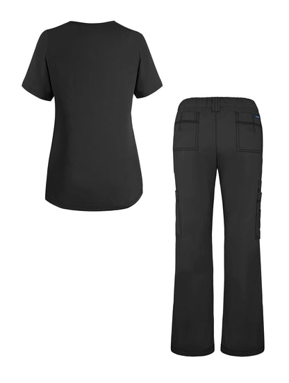 Adar Active Classic Scrub Set For Women - Crossover Top and Multi Pocket Pants - 3500 - Black - XXS