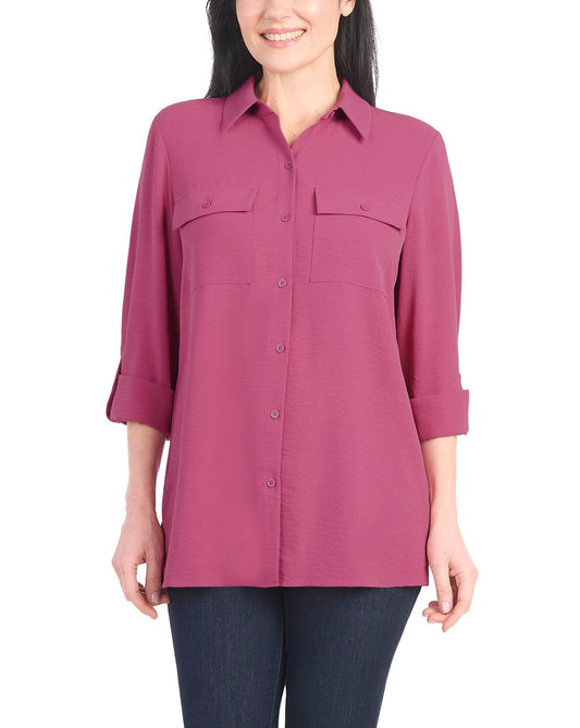 Hilary Radley Women's Roll Tab Sleeve Blouse, Button Down, Long Sleeve, Crinkle Top with Chest Pockets (US, Alpha, Small, Regular, Regular, Dark Pink)
