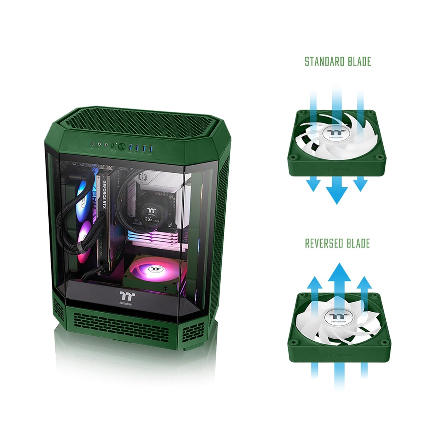 Thermaltake CT140 EX Reverse ARGB Sync PC Cooling Fan 3 Pack, 500~1800 RPM, 5V Mobo Sync, 16.8 Million Colors 9 LEDs, MagForce 2.0 Connectors, Hydraulic Bearing, Racing Green, CL-F230-PL14RG-A