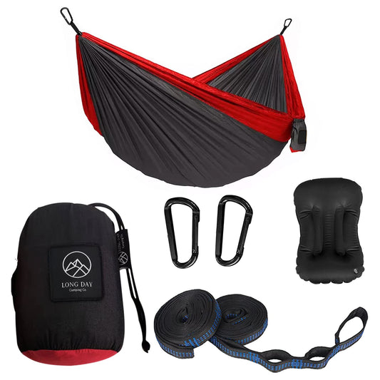 Long Day Camping Hammock with Camping Pillow Included- Portable Hammock - Single or Double Hammock Camping with Tree Straps and Hammock Pillow Included (Single, Black/Red)
