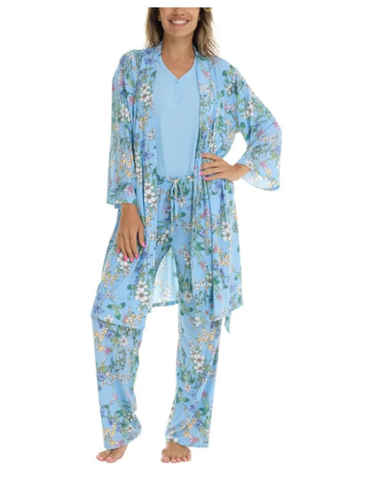 Flora Nikrooz FN Women's 3 Piece Super Soft Lounge PJ Sleep Set, Robe, Tank, and Pant (US, Alpha, XX-Large, Regular, Regular, Blue (Floral))