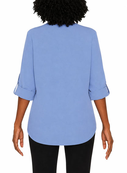 Mario Serrani Italy Women's Button Front Roll Sleeve Blouse Shirt (US, Alpha, Large, Regular, Regular, Blue)