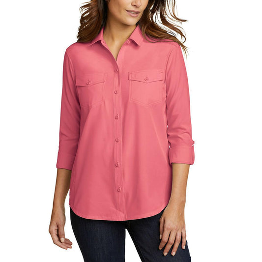 Eddie Bauer Women's Departure Stretch Long Sleeve Shirt with UPF 50 Large, Red