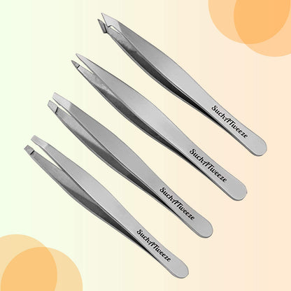 SuchATweeze Stainless Steel Slant Tweezer - Well Designed Protected Tip - Precision Plucker for Men and Women - Perfect for Ingrown and Facial hairs - 5.12� x 1.97� x 0.59�(Set of 4)