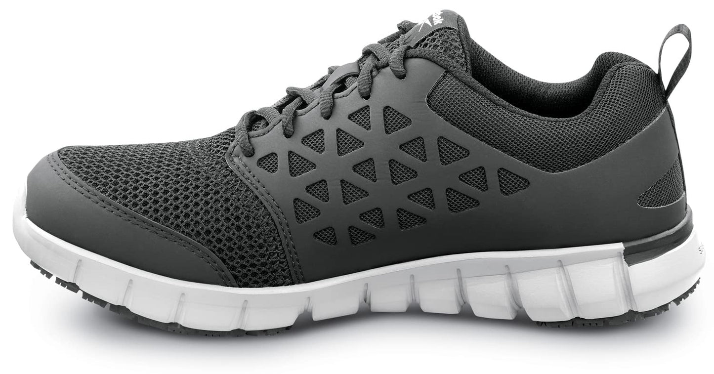 Reebok Work Sublite Cushion Work, Men's, Black/Gray, Athletic Style, MaxTrax Slip Resistant, Soft Toe Work Shoe (7.5 M)