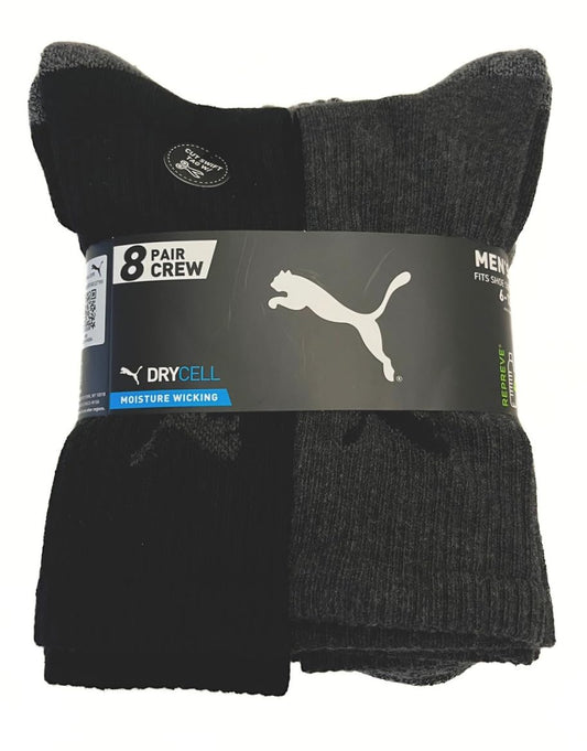 PUMA Men's Crew Socks, 8 pair, Fits Shoe Sizes 6-12, Black