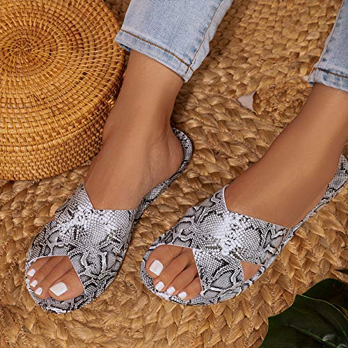 Qupid Line Sandals for Women - White & Black Snakeskin Print Slides - 7